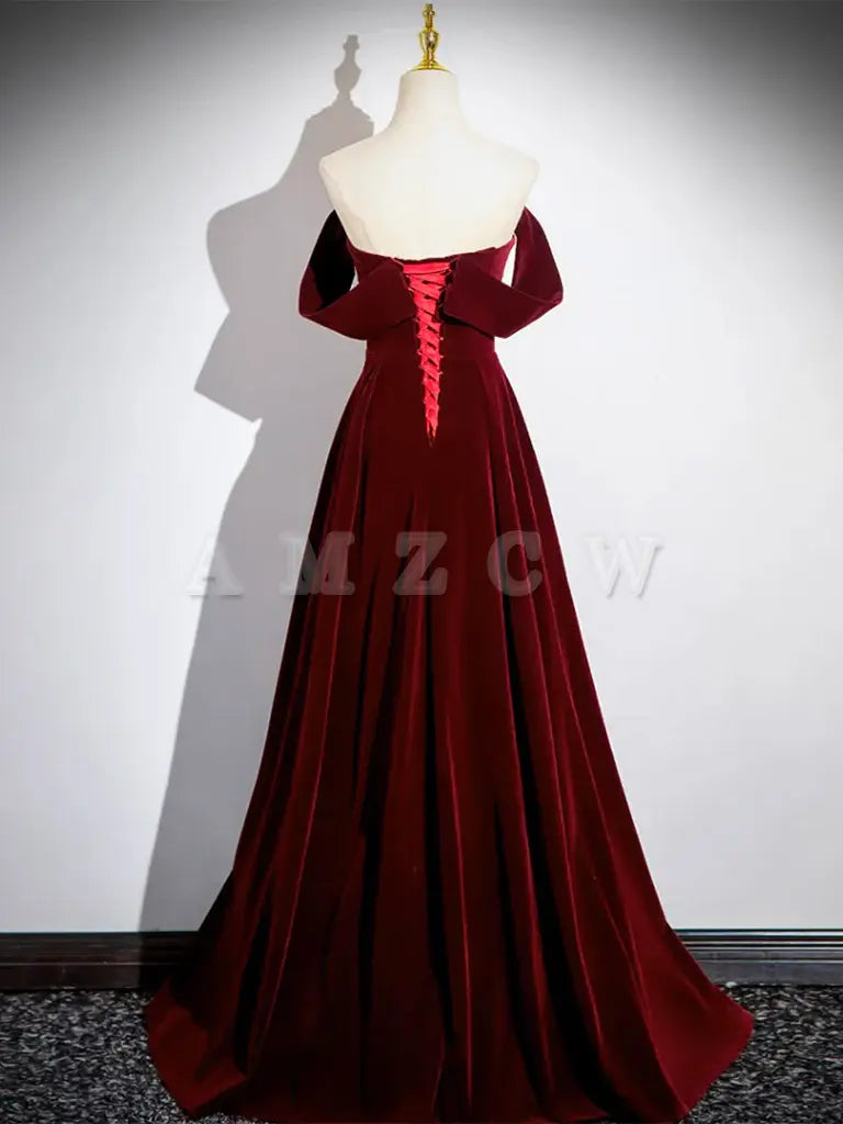 Amzcw A-Line Velvet Burgundy Long Prom Dress Burgundy Long Formal Dress prom dress in store