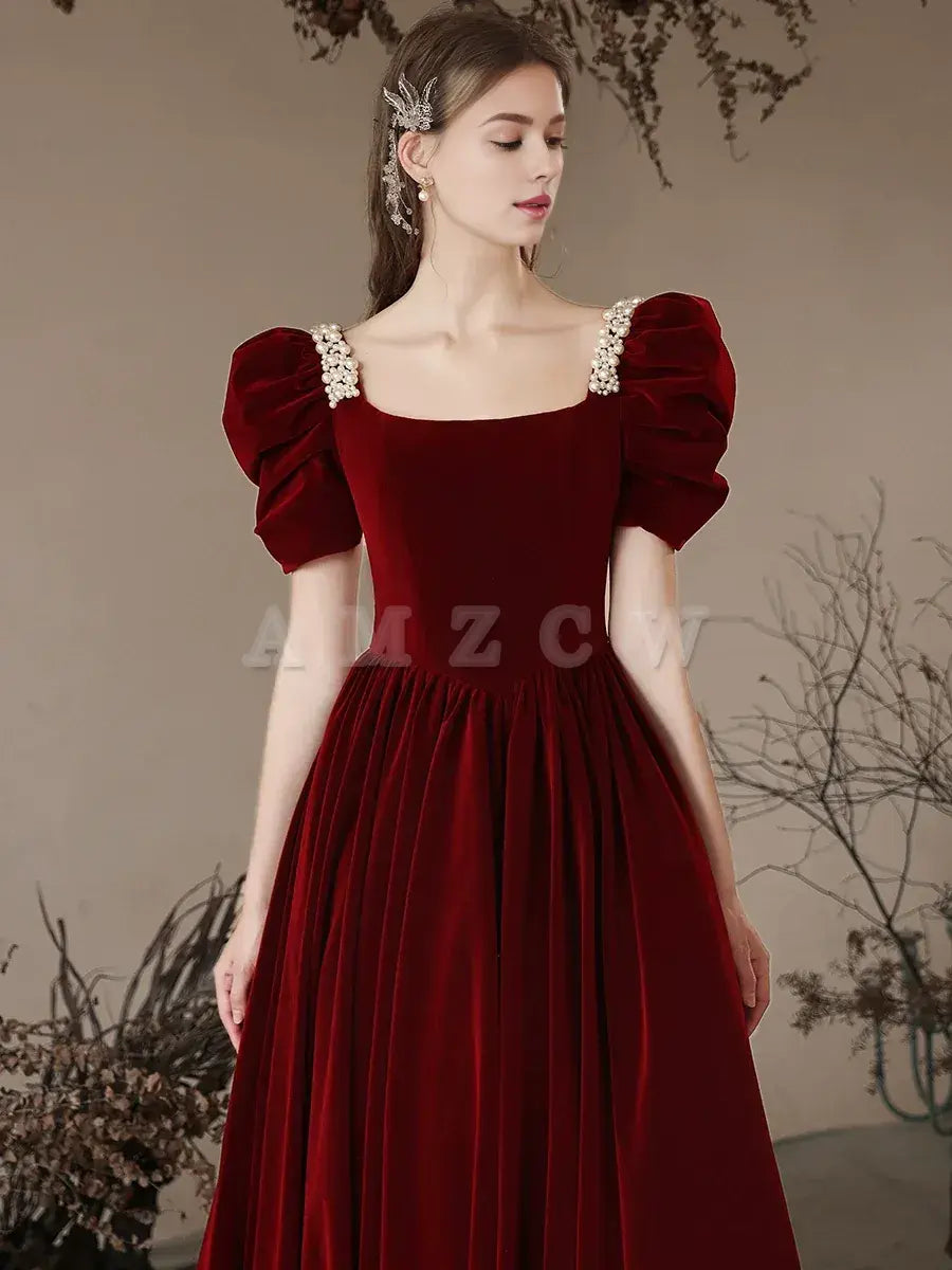 Amzcw A- Line Velvet Burgundy Long Prom Dress Burgundy Long Formal Dress prom dress in store ﻿