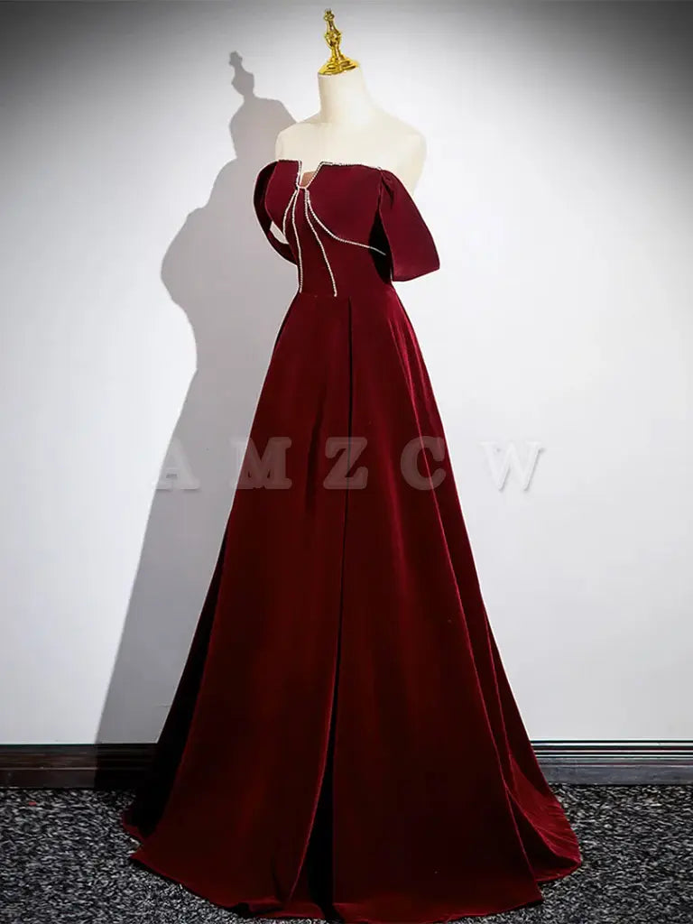 Amzcw A-Line Velvet Burgundy Long Prom Dress Burgundy Long Formal Dress prom dress in store