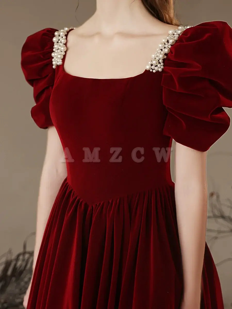 Amzcw A- Line Velvet Burgundy Long Prom Dress Burgundy Long Formal Dress prom dress in store ﻿