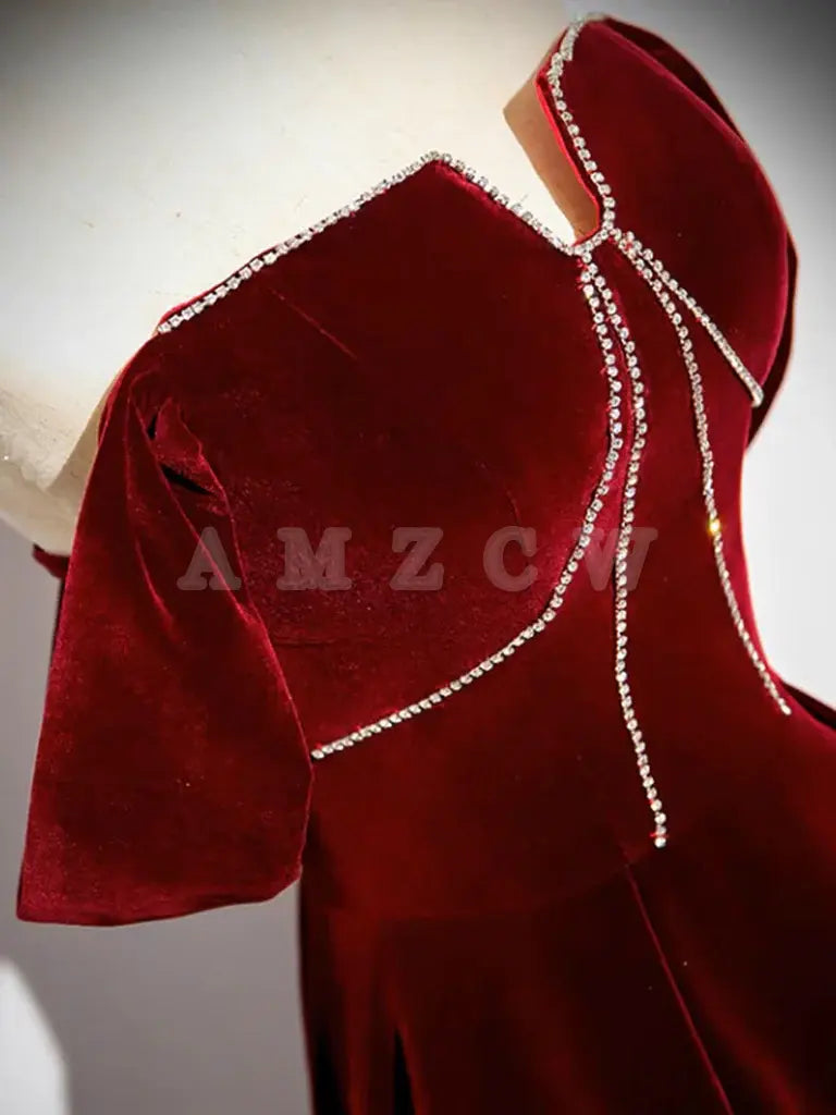 Amzcw A-Line Velvet Burgundy Long Prom Dress Burgundy Long Formal Dress prom dress in store