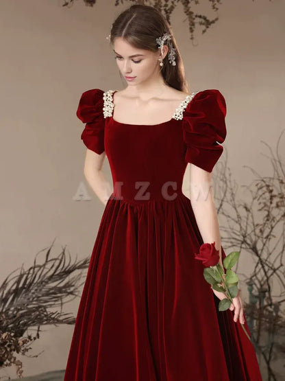 Amzcw A- Line Velvet Burgundy Long Prom Dress Burgundy Long Formal Dress prom dress in store ﻿