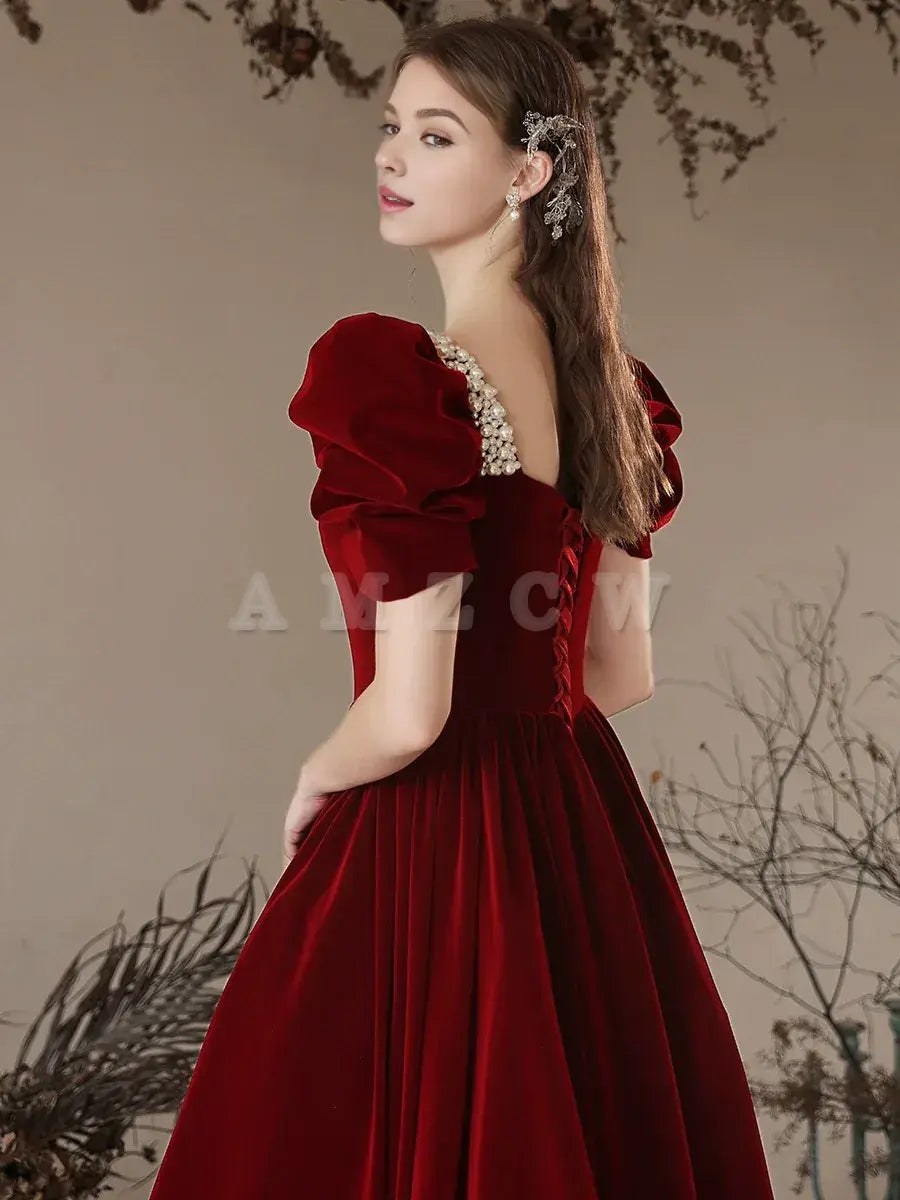 Amzcw A- Line Velvet Burgundy Long Prom Dress Burgundy Long Formal Dress prom dress in store ﻿