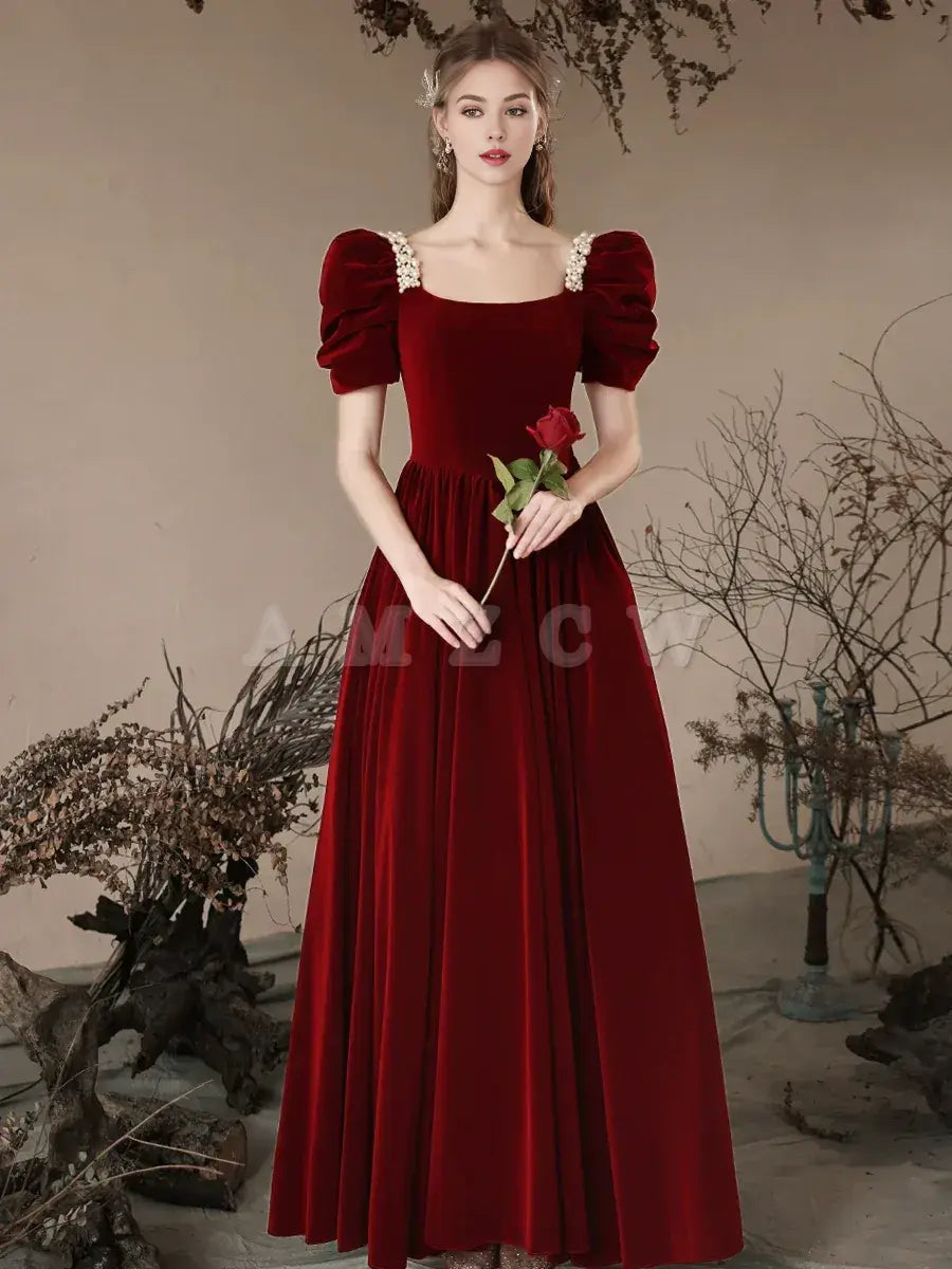 Amzcw A- Line Velvet Burgundy Long Prom Dress Burgundy Long Formal Dress prom dress in store ﻿