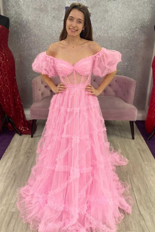 A Lline Off the Shoulder Tulle Prom Dresses For Woman