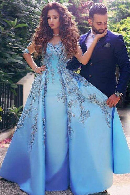 A line Blue Half Sleeve Satin Beads Prom Dresses Sweetheart Lace Appliques Formal Dress