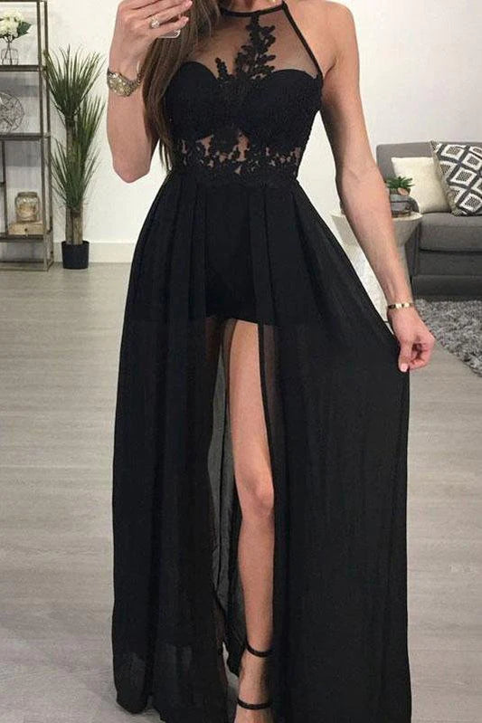 A-line Halter See-through Black Floor Length Appliqued Chiffon Sexy Long Prom Dresses