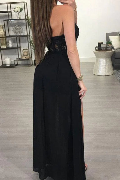 A-line Halter See-through Black Floor Length Appliqued Chiffon Sexy Long Prom Dresses