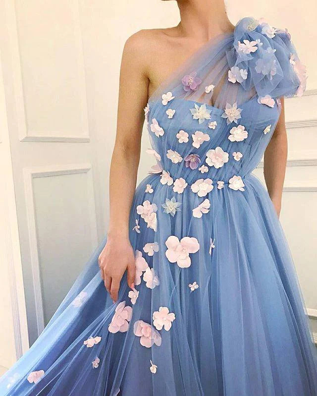 A line Tulle One Shoulder Prom Dresses with Sleeves 3D Flowers Evening Dress