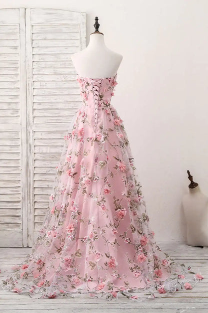 A Line Sweetheart Strapless Sweep Train Floral Print Long Prom Dresses With Flowers