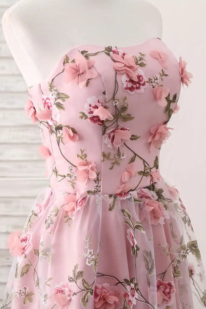 A Line Sweetheart Strapless Sweep Train Floral Print Long Prom Dresses With Flowers