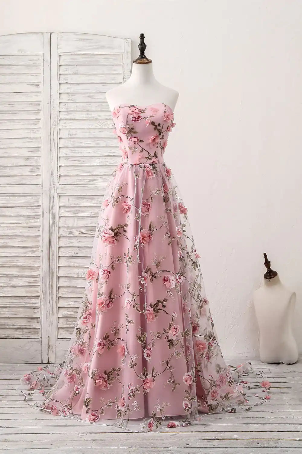 A Line Sweetheart Strapless Sweep Train Floral Print Long Prom Dresses With Flowers