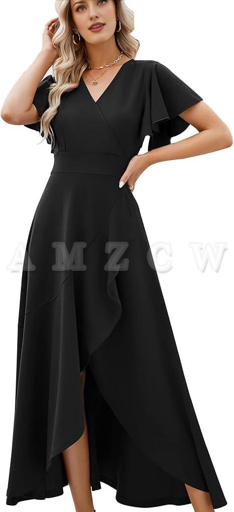 Amzcw Long Black Formal Dresses for Women Gowns Evening Party Cocktail Dress Split Elegant V Neck Wrap Ruffle Wedding Guest Dresses dresses evening wear