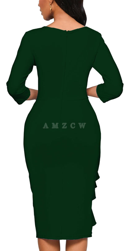 Amzcw Church Dresses for Women 3/4 Sleeve Bodycon Ruffle Vintage Wear to Work Pencil Midi Dress dresses evening wear