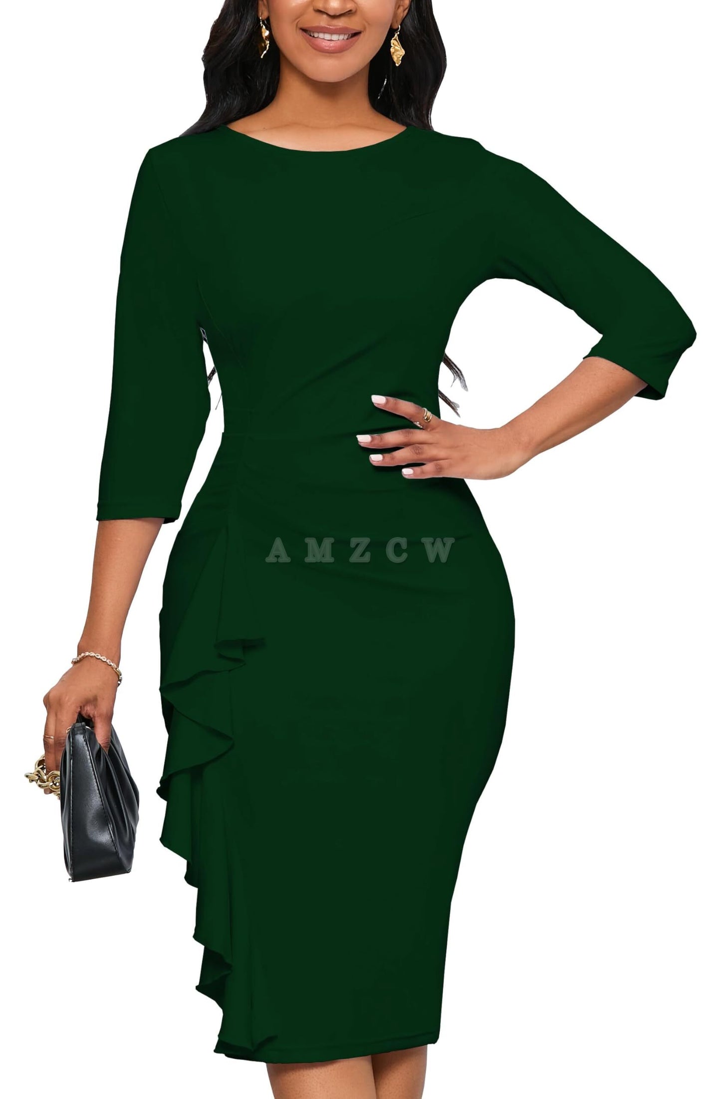 Amzcw Church Dresses for Women 3/4 Sleeve Bodycon Ruffle Vintage Wear to Work Pencil Midi Dress dresses evening wear