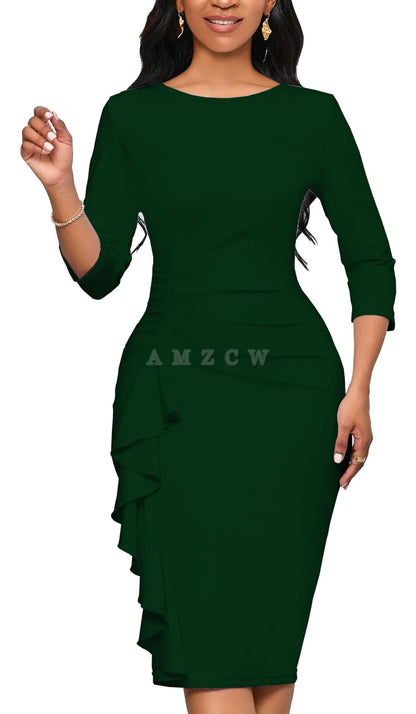 Amzcw Church Dresses for Women 3/4 Sleeve Bodycon Ruffle Vintage Wear to Work Pencil Midi Dress dresses evening wear