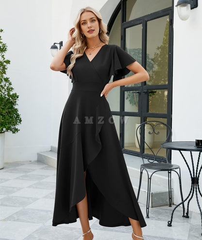 Amzcw Long Black Formal Dresses for Women Gowns Evening Party Cocktail Dress Split Elegant V Neck Wrap Ruffle Wedding Guest Dresses dresses evening wear