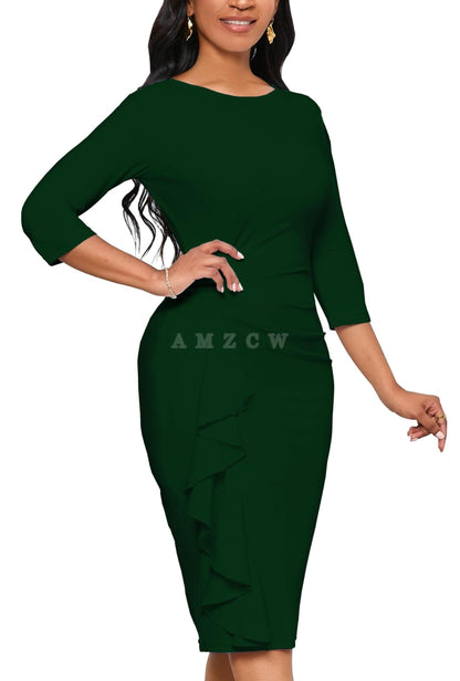 Amzcw Church Dresses for Women 3/4 Sleeve Bodycon Ruffle Vintage Wear to Work Pencil Midi Dress dresses evening wear