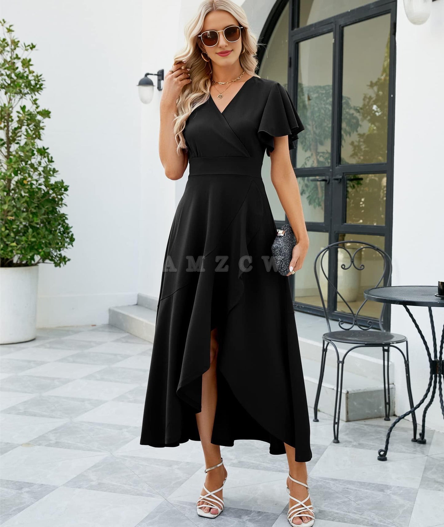 Amzcw Long Black Formal Dresses for Women Gowns Evening Party Cocktail Dress Split Elegant V Neck Wrap Ruffle Wedding Guest Dresses dresses evening wear