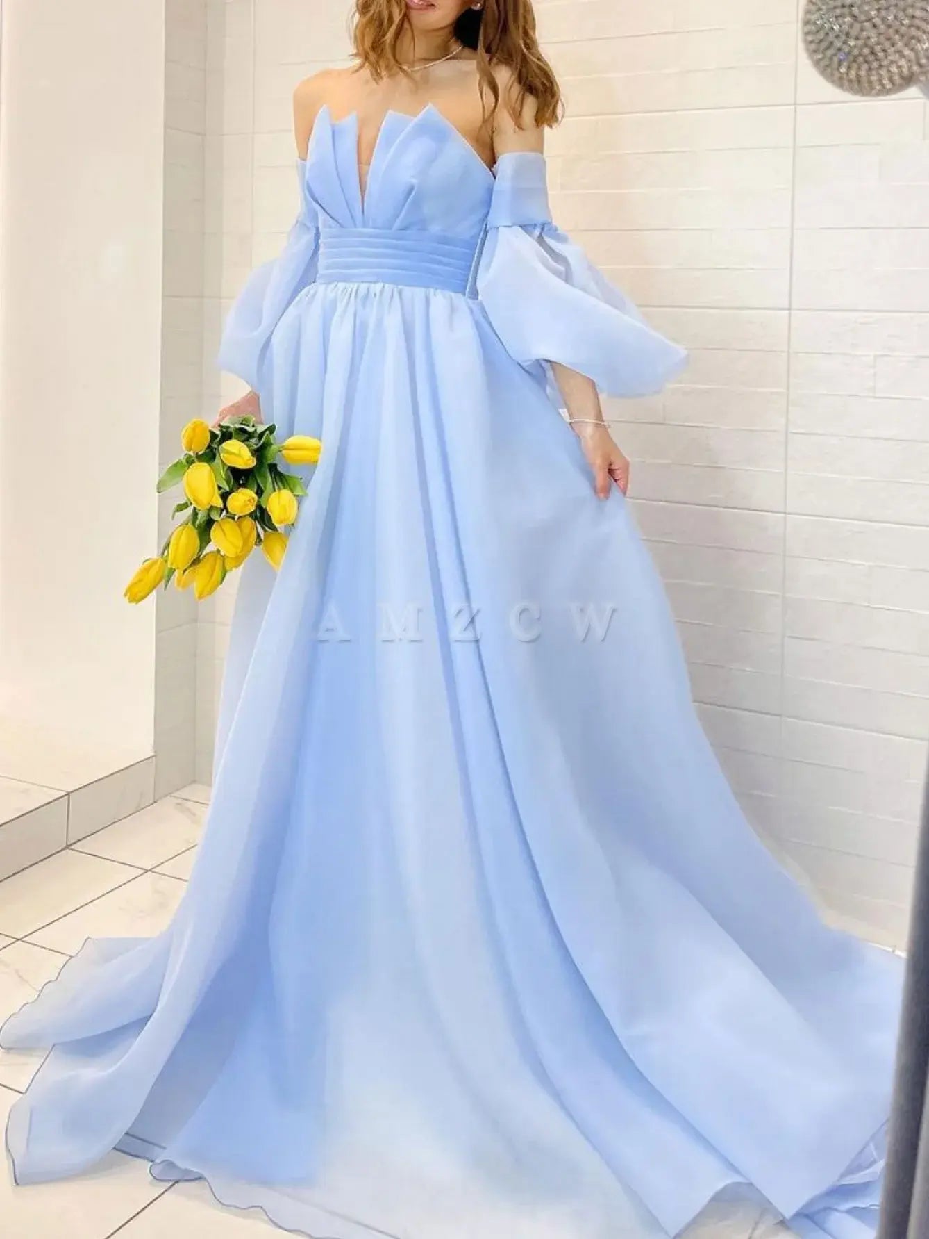 Amzcw Aline Organza blue long prom dress puff sleeves blue long formal party dress prom dress in store