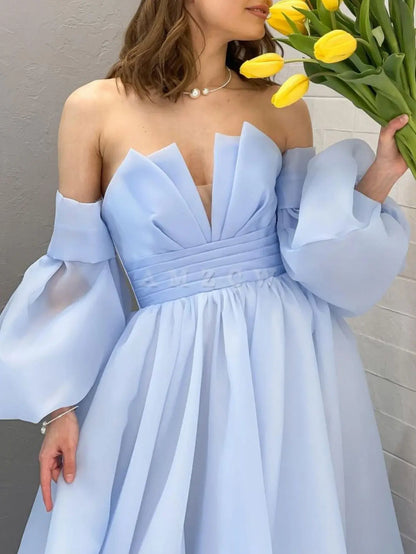 Amzcw Aline Organza blue long prom dress puff sleeves blue long formal party dress prom dress in store