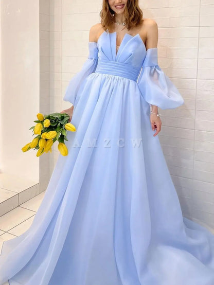 Amzcw Aline Organza blue long prom dress puff sleeves blue long formal party dress prom dress in store