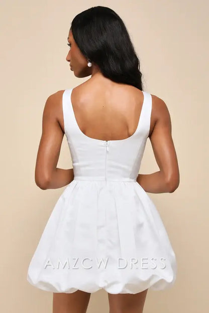 Amzcw Regal Cutie White Satin Square Neck Bubble-Hem Mini Dress formal wear dresses
