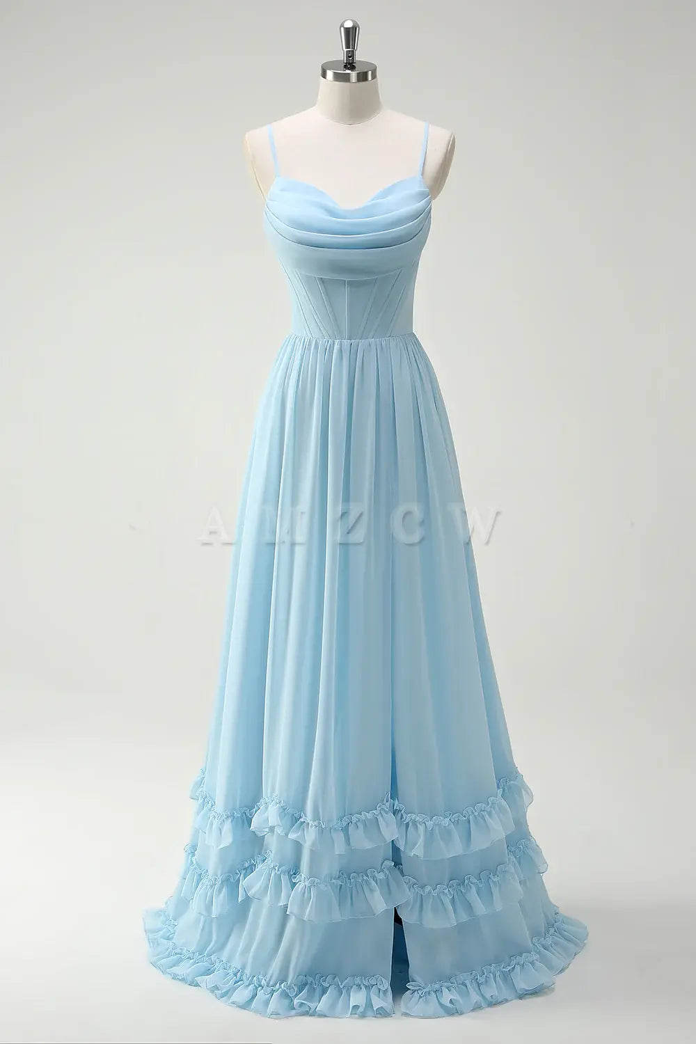 Amzcw Sky Blue A-Line Spaghetti Straps Print Long Bridesmaid Dress with Slit gowns evening dresses