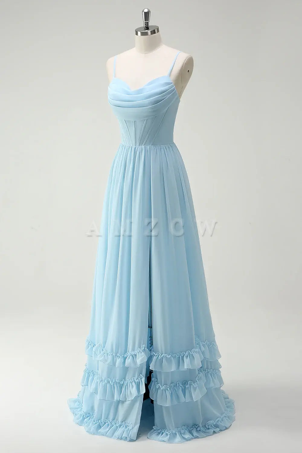 Amzcw Sky Blue A-Line Spaghetti Straps Print Long Bridesmaid Dress with Slit gowns evening dresses