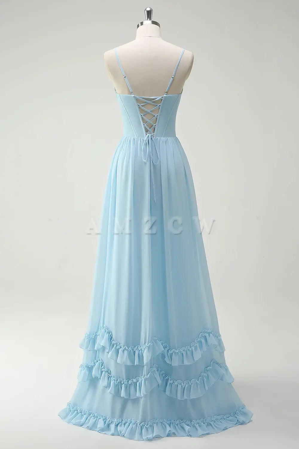 Amzcw Sky Blue A-Line Spaghetti Straps Print Long Bridesmaid Dress with Slit gowns evening dresses