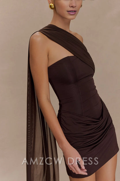 Amzcw Elegant Slinky And Mesh Mini Dress With Scarf formal wear dresses - Powder Blue