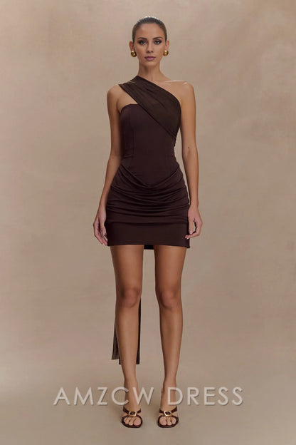 Amzcw Elegant Slinky And Mesh Mini Dress With Scarf formal wear dresses - Powder Blue
