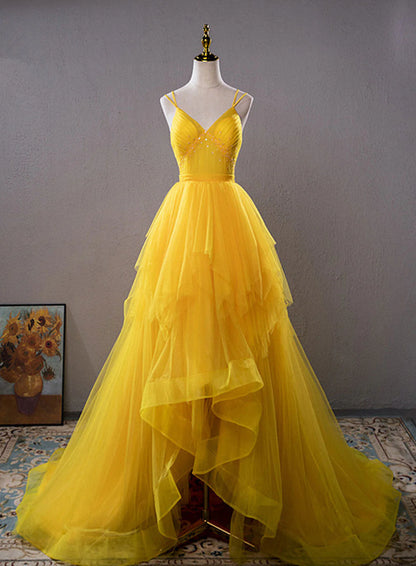 Asymmetrical Prom Dresses A Line Tulle V Neck With Beads And Ruffles