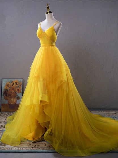 Asymmetrical Prom Dresses A Line Tulle V Neck With Beads And Ruffles