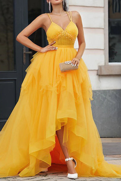 Asymmetrical Prom Dresses A Line Tulle V Neck With Beads And Ruffles