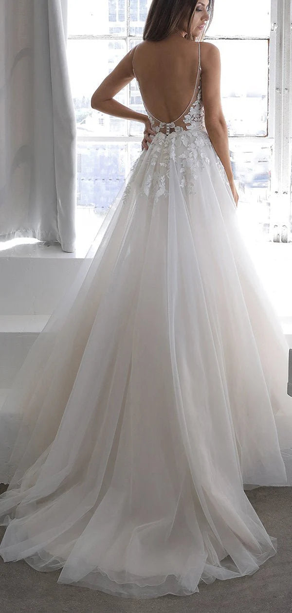 Awesome Wedding Dresses Backless With Appliques And Strapss Cheap Price Bride Dresses