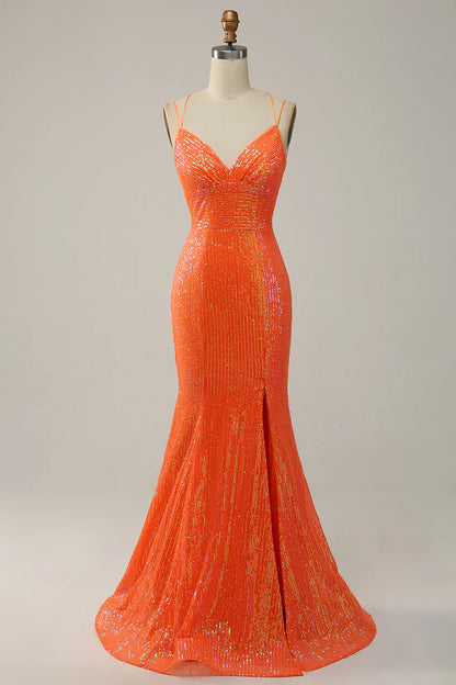 Mermaid Spaghetti Straps Orange Sequins Prom Dress with Split Front