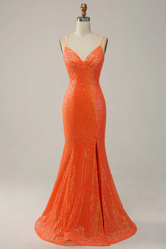 Amzcw Orange Spaghetti Straps Sequins Mermaid Prom Dress with Split Front