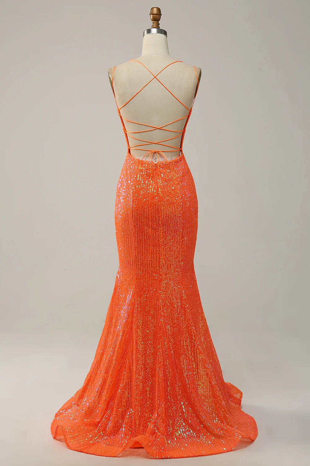 Mermaid Spaghetti Straps Orange Sequins Prom Dress with Split Front