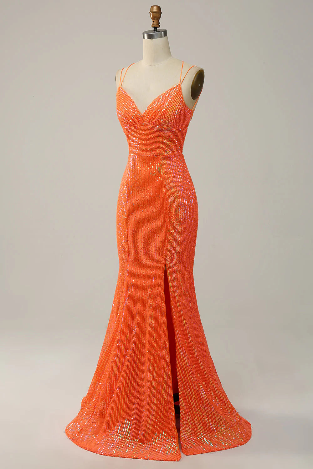 Amzcw Orange Spaghetti Straps Sequins Mermaid Prom Dress with Split Front