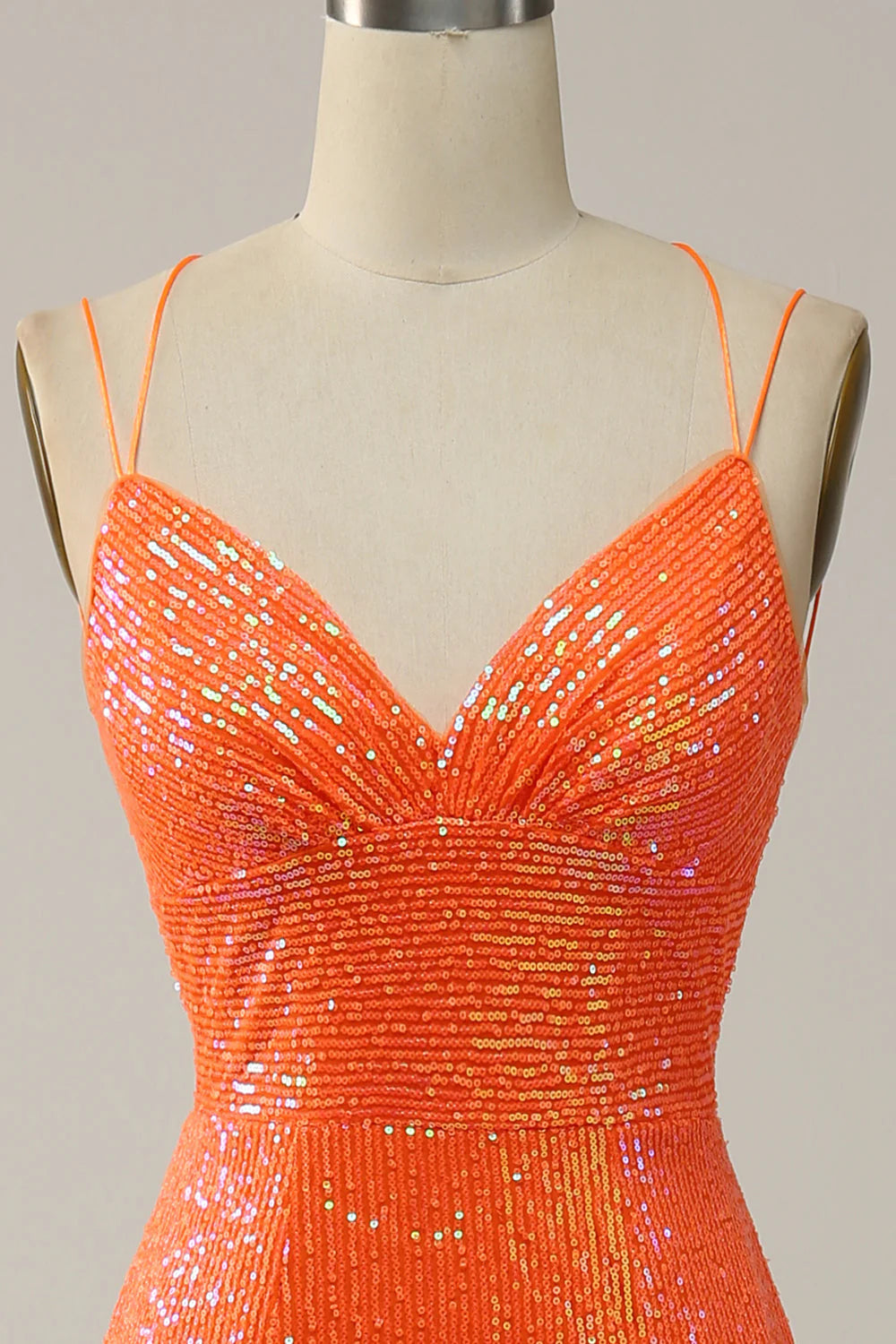 Amzcw Orange Spaghetti Straps Sequins Mermaid Prom Dress with Split Front