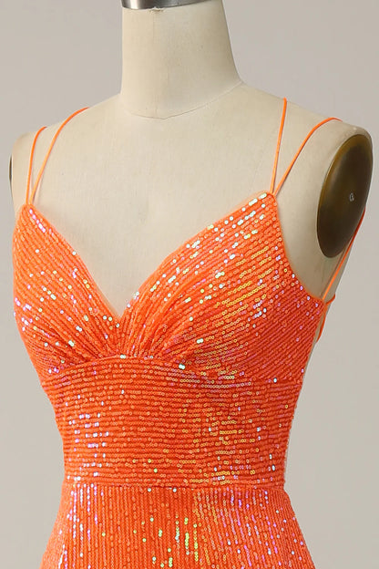 Mermaid Spaghetti Straps Orange Sequins Prom Dress with Split Front