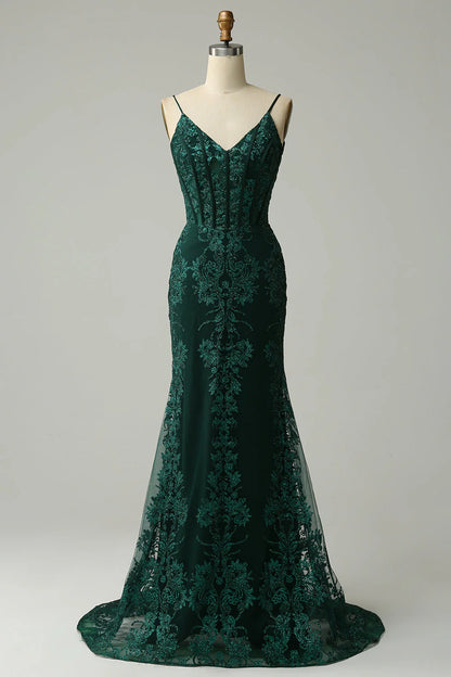 Amzcw Peacock Green Mermaid Spaghetti Straps Corset Prom Dress with Appliques