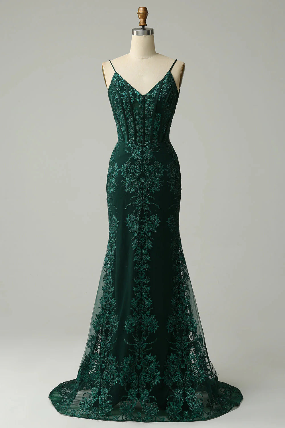 Amzcw Peacock Green Mermaid Spaghetti Straps Prom Dress with Appliques