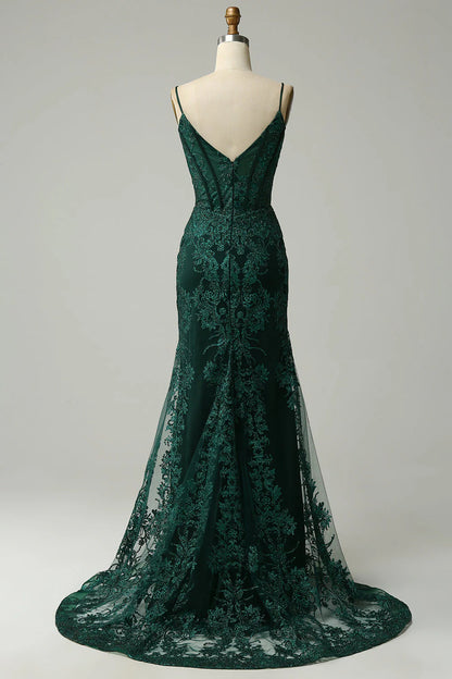 Amzcw Peacock Green Mermaid Spaghetti Straps Prom Dress with Appliques