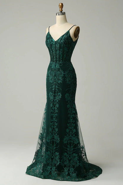 Amzcw Peacock Green Mermaid Spaghetti Straps Prom Dress with Appliques