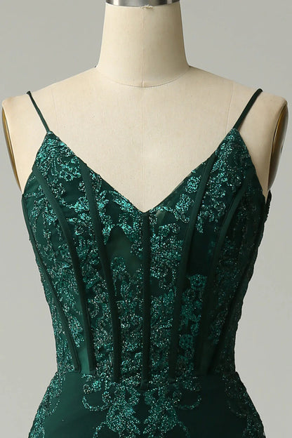 Amzcw Peacock Green Mermaid Spaghetti Straps Corset Prom Dress with Appliques