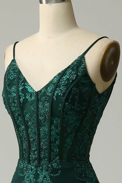 Amzcw Peacock Green Mermaid Spaghetti Straps Corset Prom Dress with Appliques