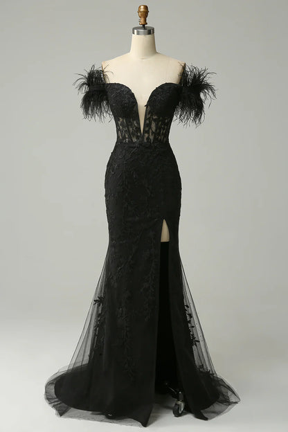 Off the Shoulder Black Mermaid Prom Dress with Feathers