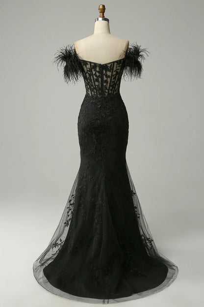 Off the Shoulder Black Mermaid Prom Dress with Feathers